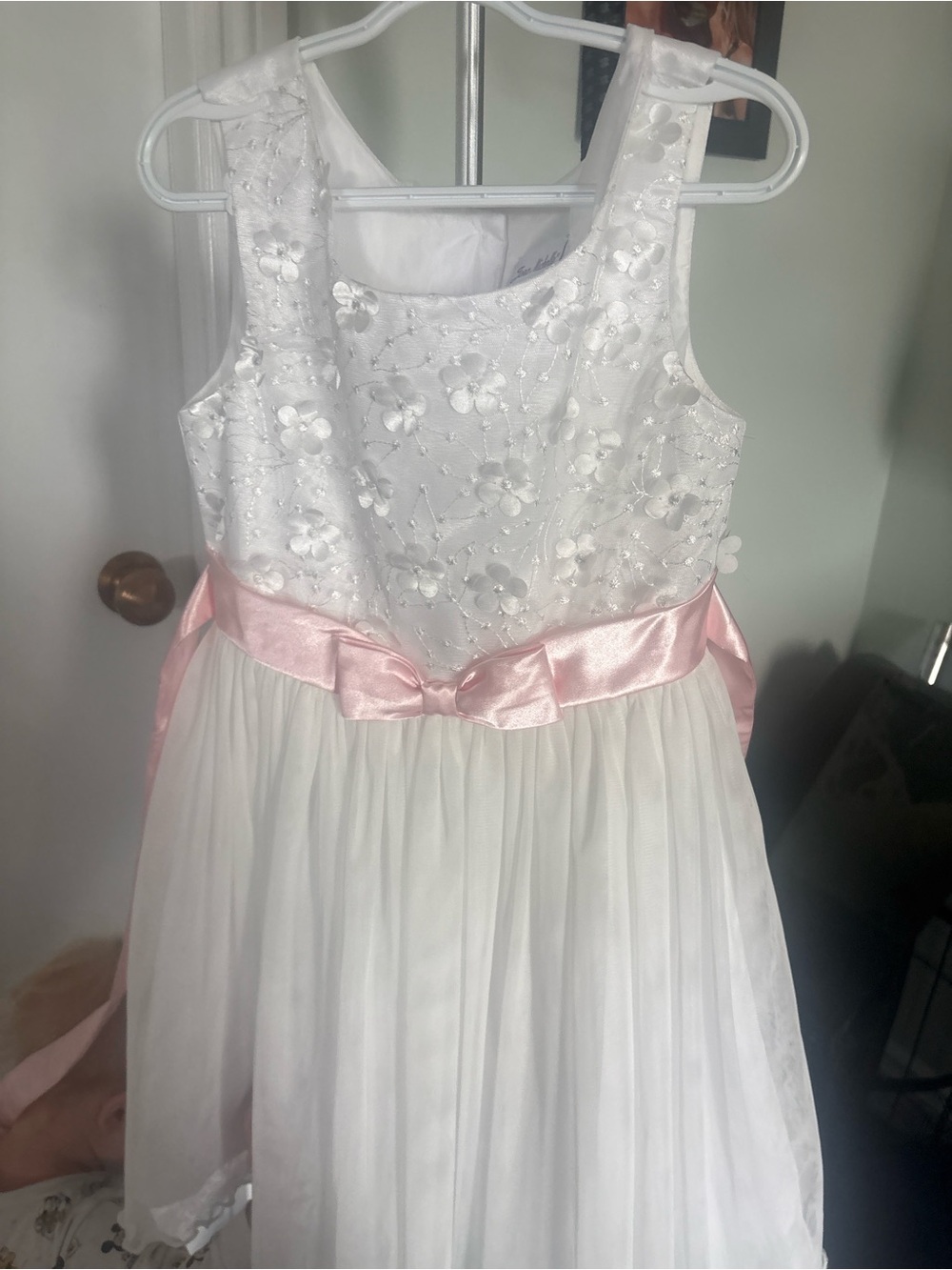 Jona Michelle White Floral Embroidered Dress with Pink Satin Sash